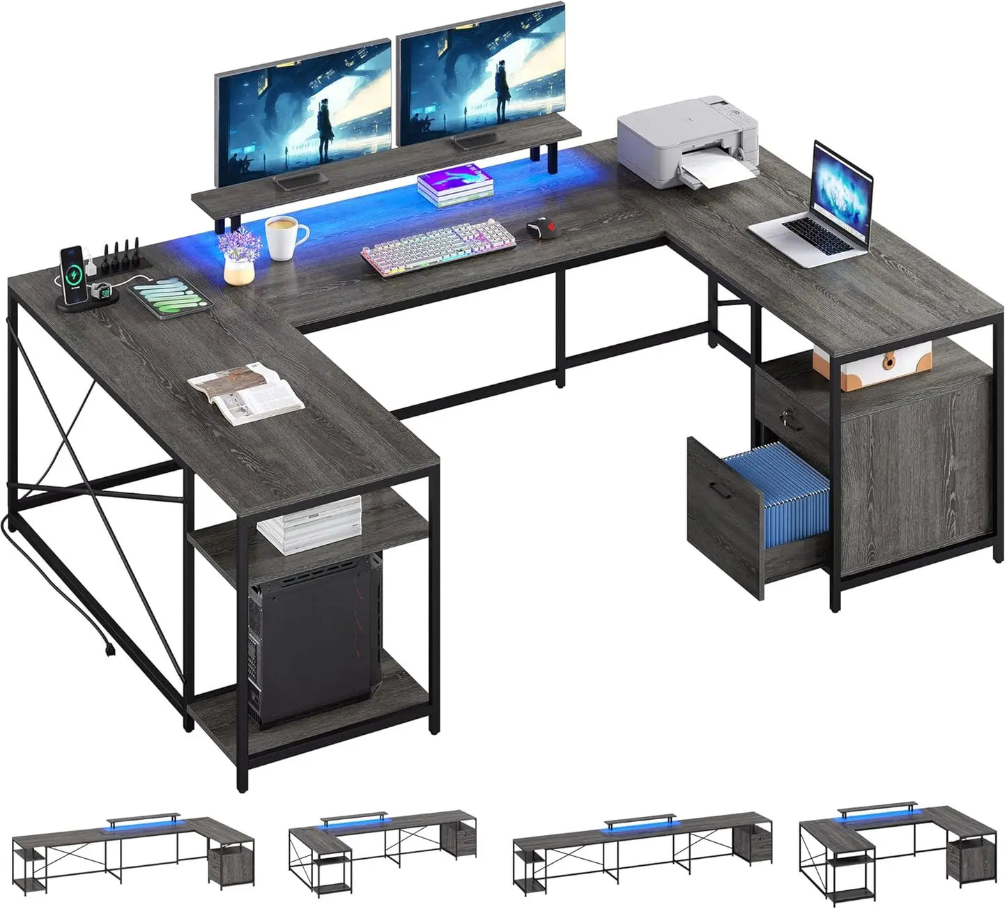 YITAHOME U Shaped Desk with Power Outlets & LED Lights, 79" Reversible L Shaped Desk with Drawers, Corner Computer Desk Office