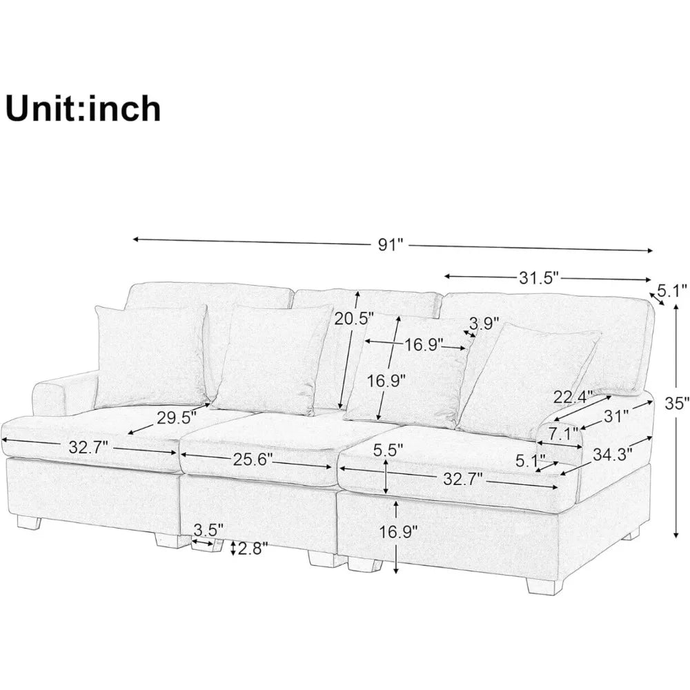 91‘’ Luxury sofa Merax 3 Upholstered Sofa Sets Couch with Removable Back Seat Cushions 4 Comfortable Pillows Living Room Sofa