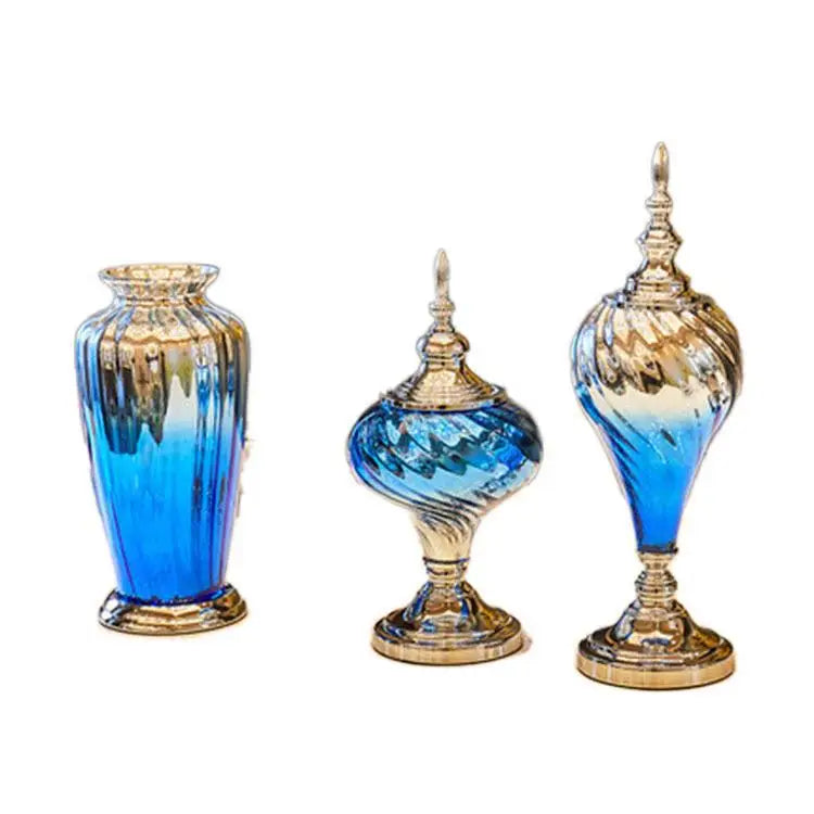 Light luxury gradient sapphire blue glass vase Nordic decorative home art storage vase with lid living room ornaments