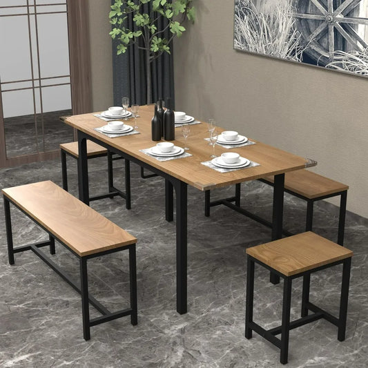 5-Piece Dining Table Set, 63 Inch Extendable Kitchen Table Set w/2 Benches & 2 Stool, Heavy-Duty Metal Frame & MDF Board, Walnut