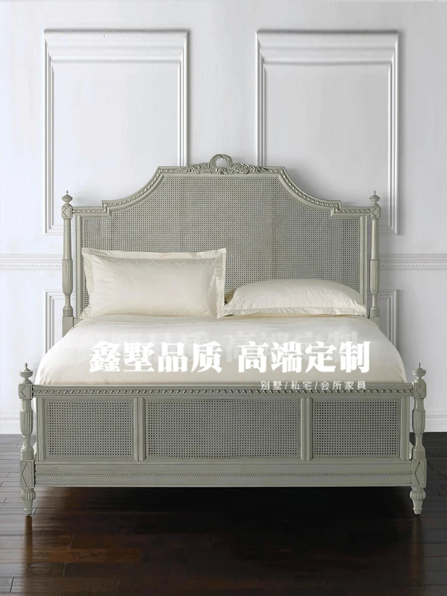 Retro white rattan  lying wedding bed 1.8 meters solid wood double   small apartment