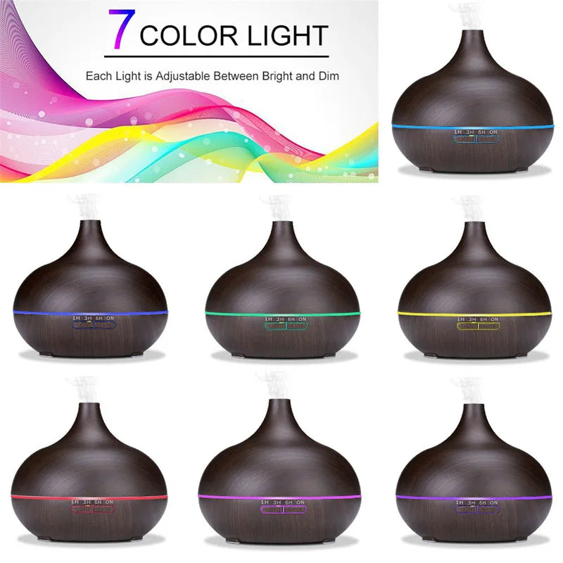 550ml Aromatherapy Essential Oil Diffuser with Remote Control Wood Grain Ultrasonic Air Humidifier Cool Mister 7 Color LED Light