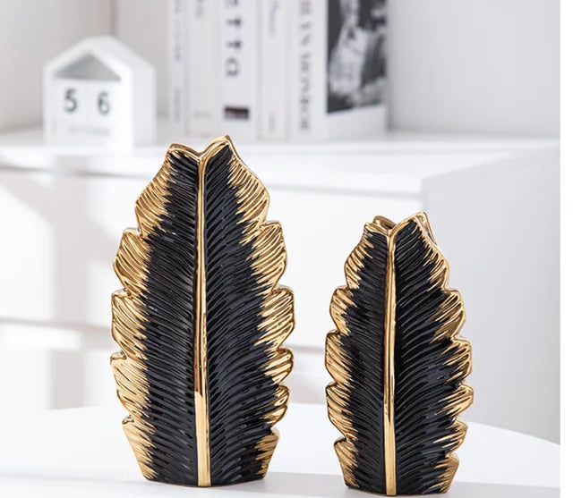 2Pcs/Nordic black gold plating leaf ceramic vase Modern simple household TV cabinet decoration vase