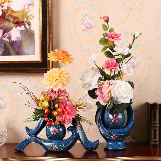 European Luxury Resin Vase+Artificial Flower Set Decor Home Livingroom Furnishing Decoration Porch Office Desk Figurines Crafts