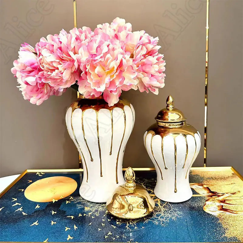 Nordic Creative Golden Flow Glaze Ceramic Vase Living Room Decoration Jars Light Luxury Electroplated Vases Ornament Home Decor