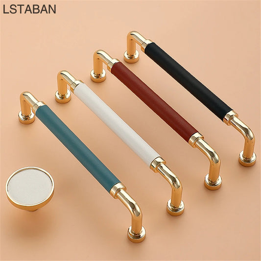 Luxury Golden Kitchen Cabinet Handles Zinc Alloy Cowhide Drawer Wardrobe Door Handle Furniture Cabinet Drawer Pulls Leather Knob