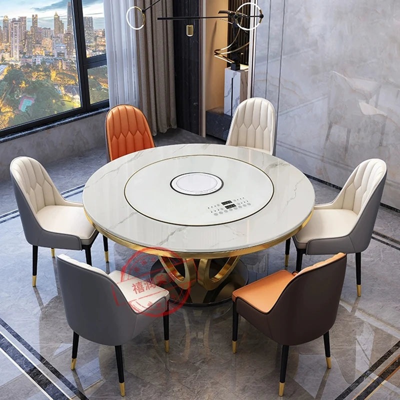 Light Luxury Rock Plate Round Dining Table Chair Combination Embedded Electric Turntable Table Mesa Comedor Home Furniture