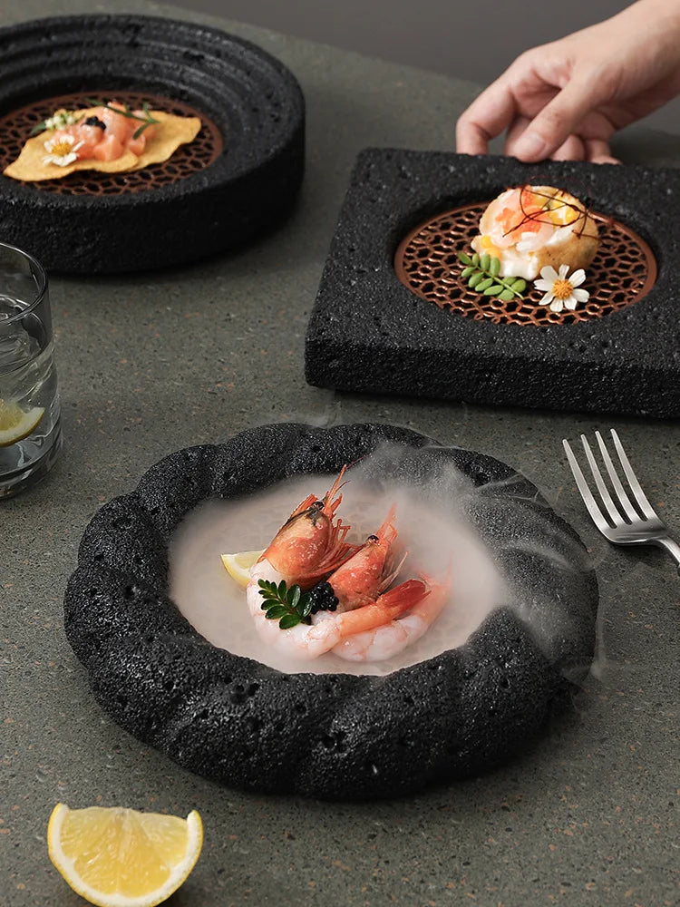 Creative Volcano Stone Plate Japanese Hotel Tableware Sushi Set Plate Circular Steak Plate Dining Plate Black Plate