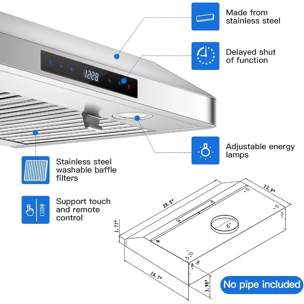 Under Cabinet Range Hood 30 Inch, 700CFM Stainless Steel Kitchen Stove Vent Hood 3 Speed Exhaust Fan Touch/Remote