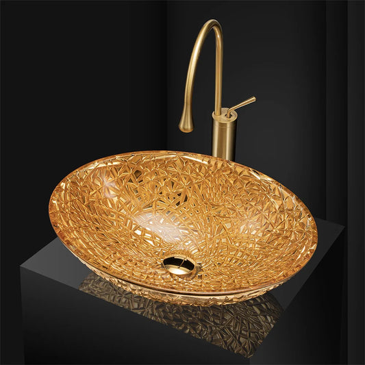 Electroplated Gold Crystal Glass Sink Home Balcony Vessel Basin Oval Countertop Bathroom Washbasin With Swan Faucet 50*35*15cm