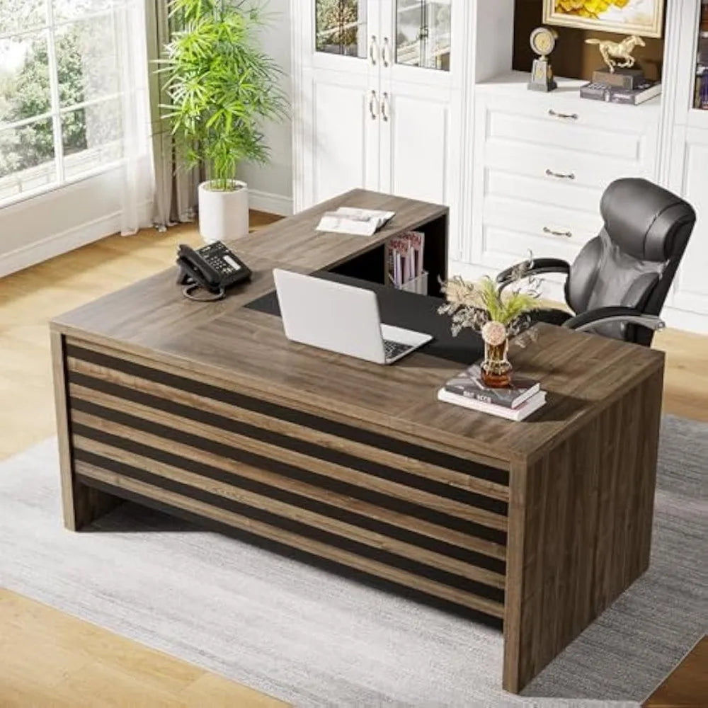 62.2" Executive Desk with Mobile File Cabinet, L-Shaped Office with Storage Shelves, Large Computer Desk Business Workstation