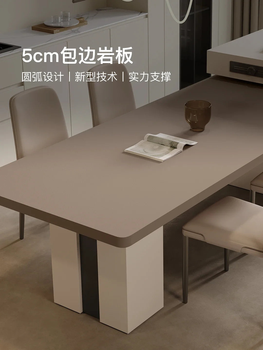 Italian minimalist open kitchen with retractable dining table, thickened rock island table, dining table