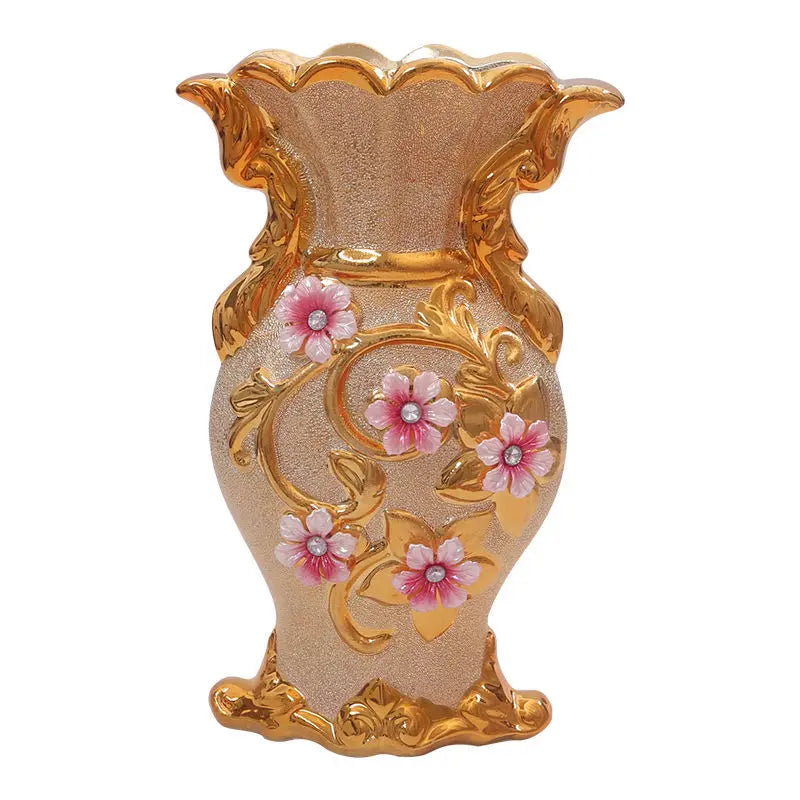 European Luxury Crystal Sand Ceramic Vase Artificial Flowers Set Home Coffee Table Furnishing Crafts TV Cabinet Ornaments Decor