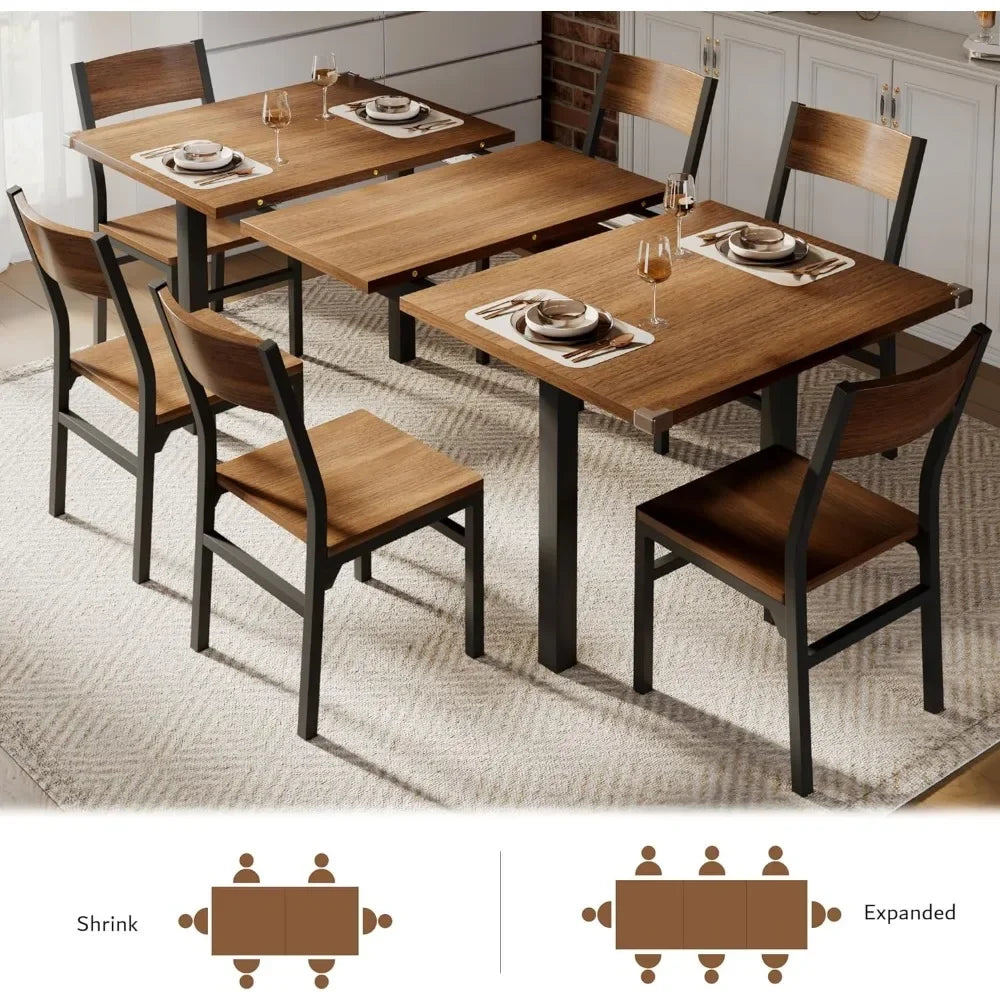 Dining Table & Chairs Set for 4-8, 63" Extendable Kitchen Table Dining Room Table with Metal Frame & MDF Board, Easy Clean