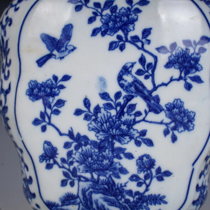 Qing Dynasty Qianlong Porcelain Blue And White Flower And Bird Design Two Ear Vase Antique Porcelain Jingdezhen Ornaments