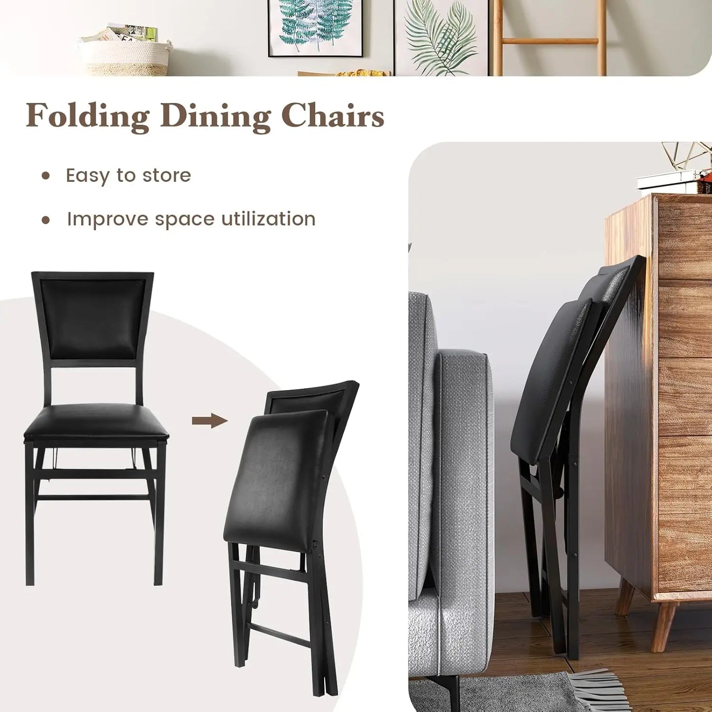 Folding Chairs Set of 2, Dining Chairs with Padded Seats, Sturdy Metal Frame, Floor Protectors, Space Saving Design, Fol