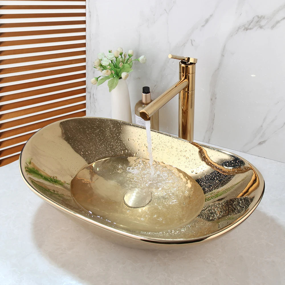 Torayvino Luxury Golden Polished Bathroom Ceramic Lavatory Bath Combined Mixer Washbasin Vessel Sink Faucets Set W/ Pop Drain