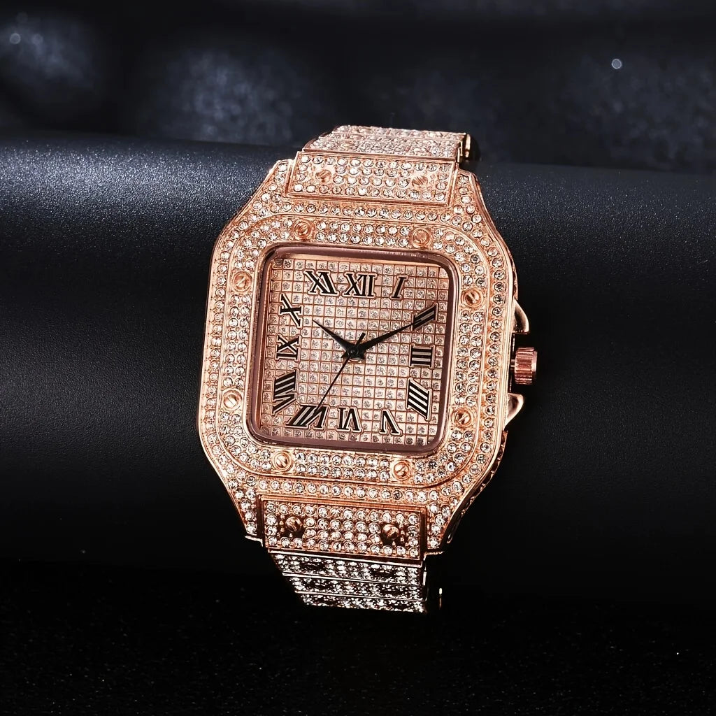 Square Fashion Hip Hop Rhinestone Crystal Watch For Men's Business  Party