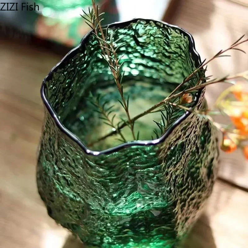 Green Wrinkle Glass Vase Artificial Flowers Decorative Flower Arrangement Desk Decoration Transparent Hydroponics Floral Vases