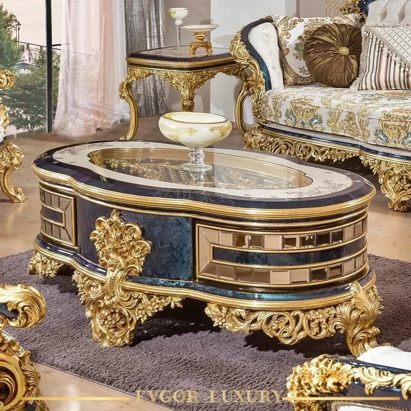 Custom made Italian solid wood sofa, luxurious cloth art, European Court coffee table, original wood flower carving process