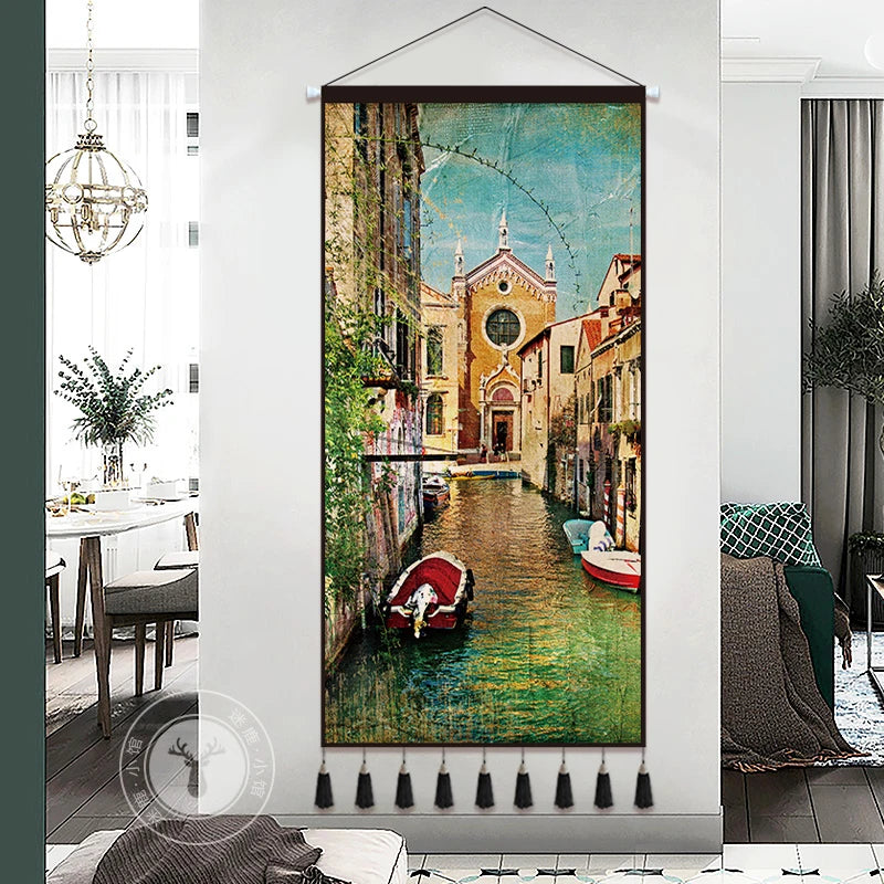 Landscape Oil Painting Fabric Hanging Painting Restaurant Decorative Canvas Modern Luxury Dining Table Background Wall Tapestry