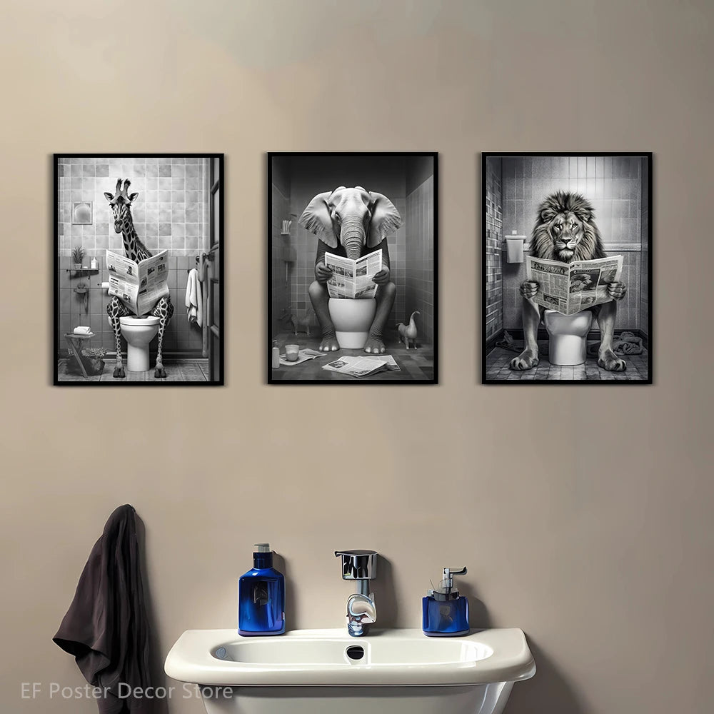 Funny Bathroom Humor Poster Animal Sitting on The Toilet Reading A Newspape Artwork Painting Room Office Cafe Home Wall Decors