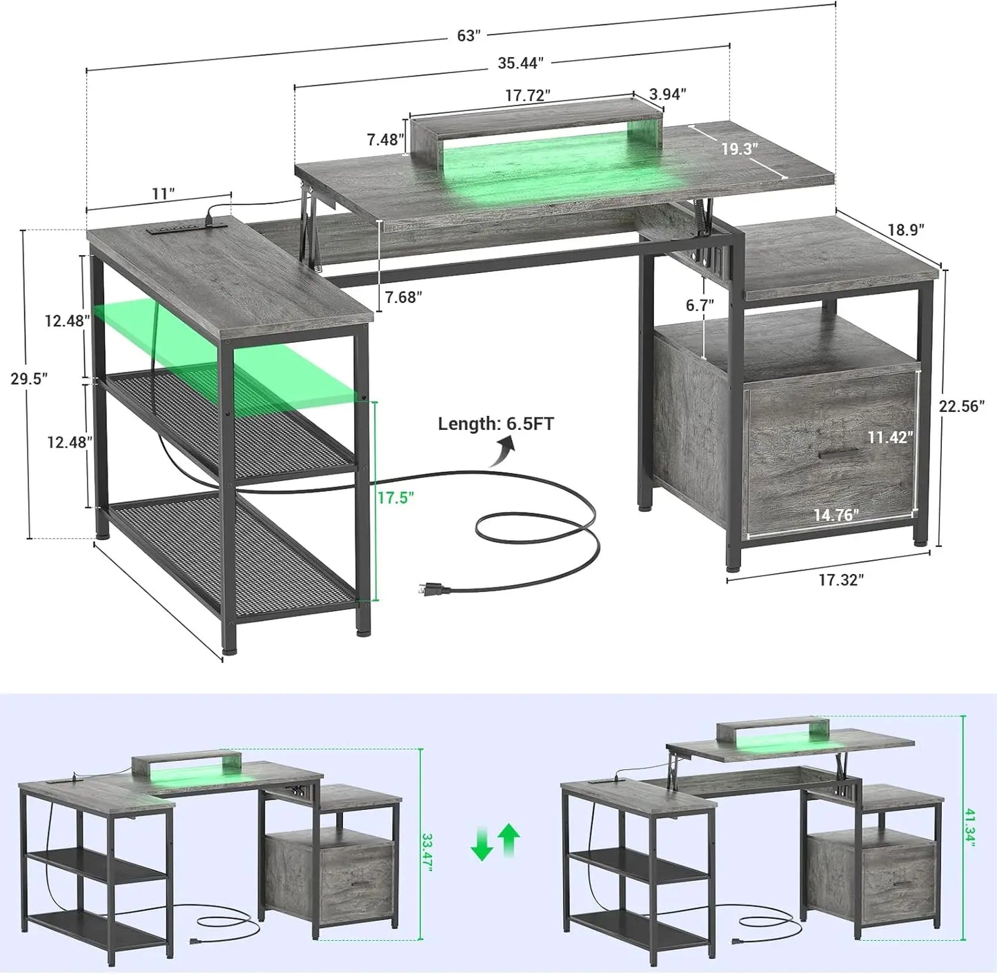 Aheaplus L Shaped Desk with Power Outlet, Standing Home Office Desk with Lift Top and File Drawer, 63'' Corner Computer Desk