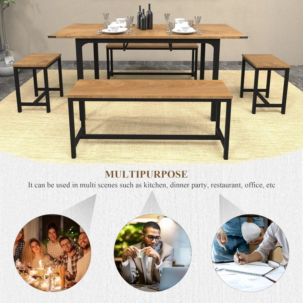 5-Piece Dining Table Set, 63 Inch Extendable Kitchen Table Set w/2 Benches & 2 Stool, Heavy-Duty Metal Frame & MDF Board, Walnut