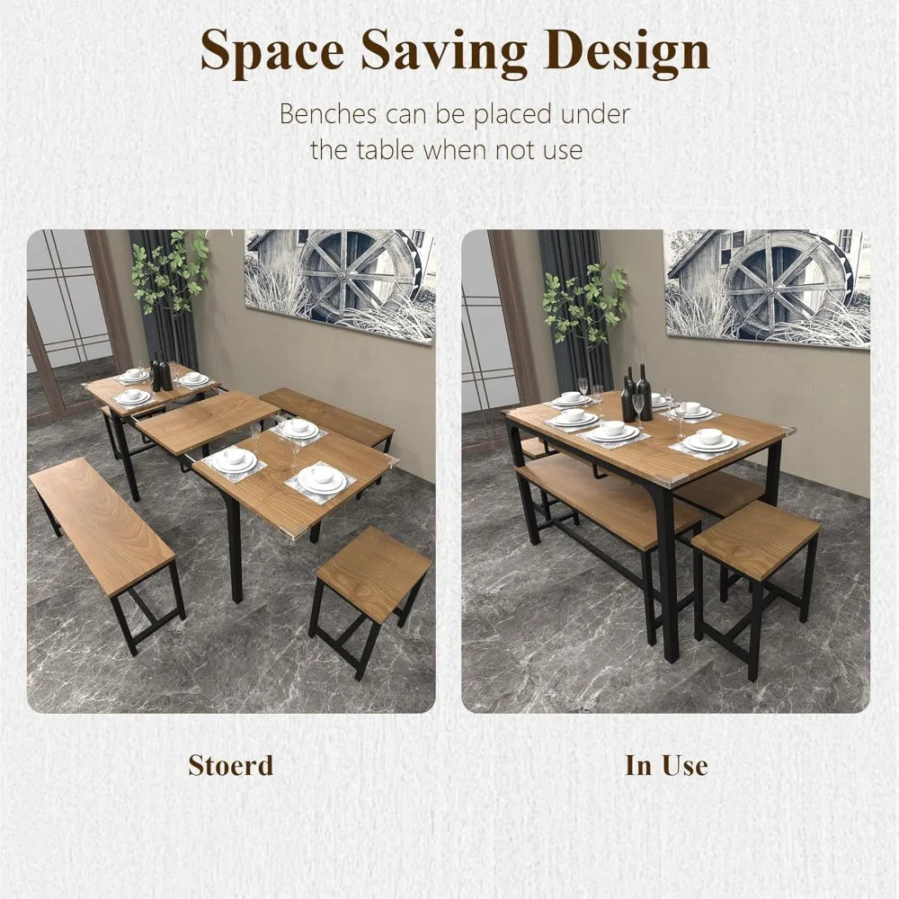 5-Piece Dining Table Set, 63 Inch Extendable Kitchen Table Set w/2 Benches & 2 Stool, Heavy-Duty Metal Frame & MDF Board, Walnut