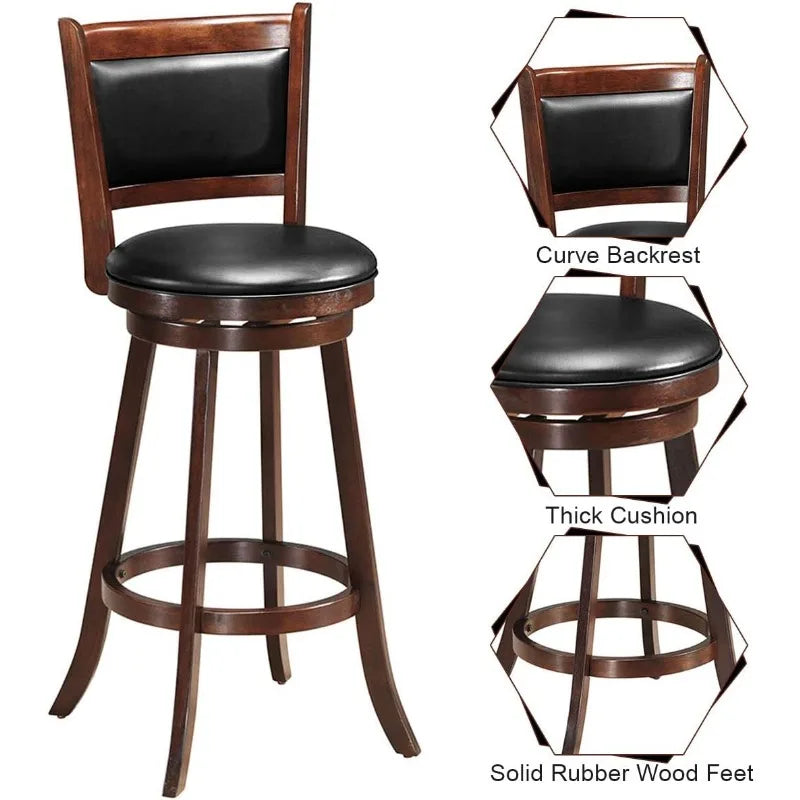 Bar Stools Set of 2, 360 Degree Swivel, Accent Wooden Swivel Seat Bar Height Stool, Leather Upholstered Design, PVC Cushioned