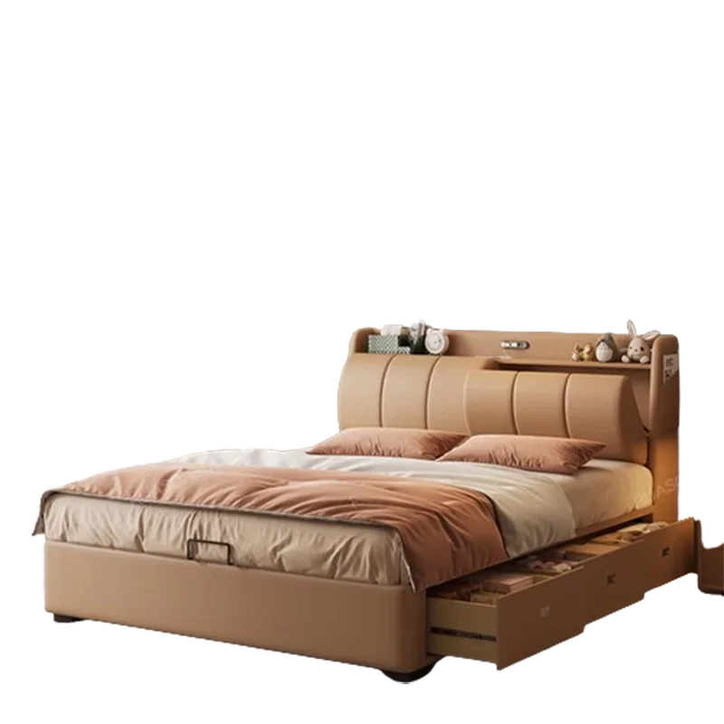 Storage Wedding Double Bed Luxury Modern Orange Simple Double Bed Soft High Camas Moderrnas Inteligentes Bedroom Furniture