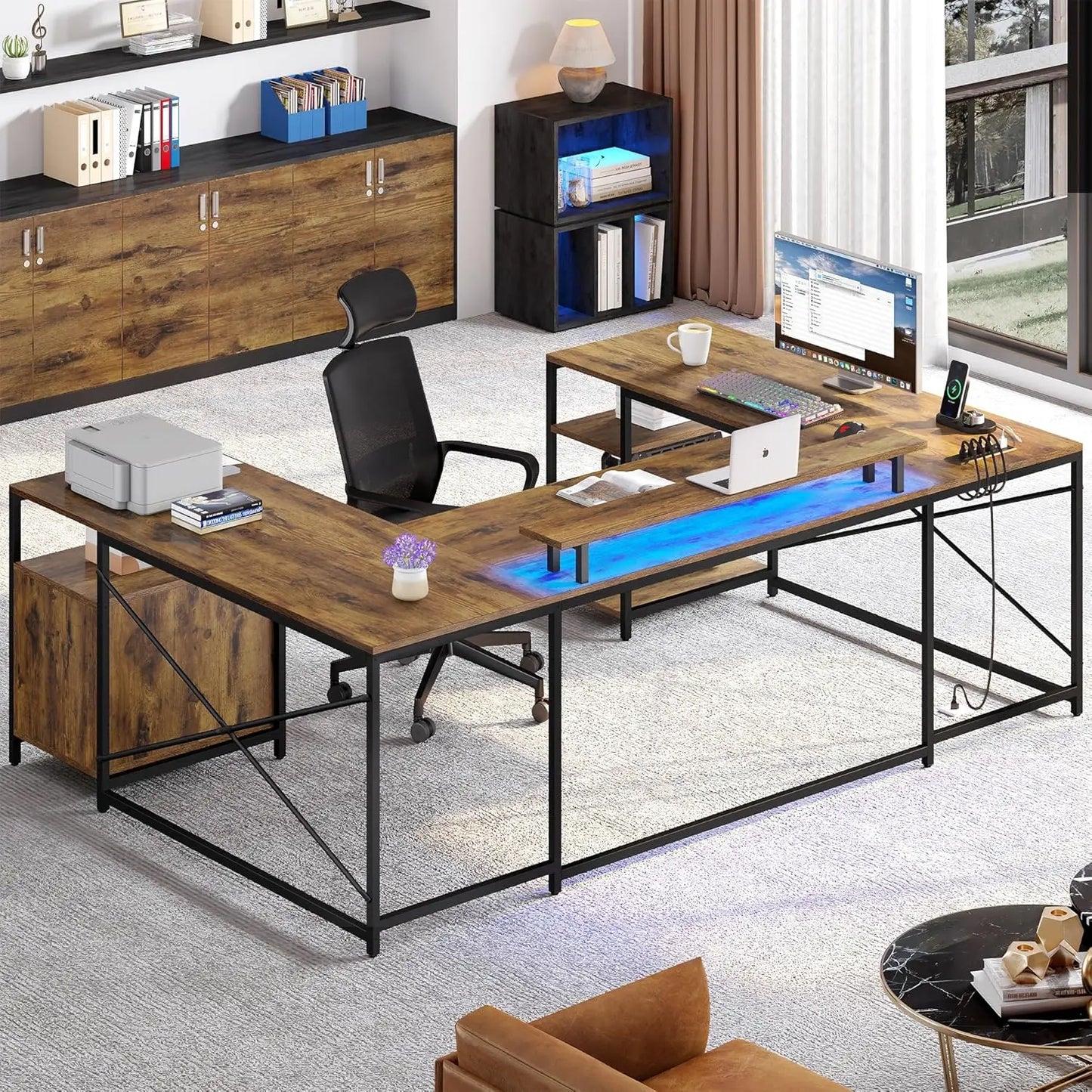 YITAHOME U Shaped Desk with Power Outlets & LED Lights, 79" Reversible L Shaped Desk with Drawers, Corner Computer Desk Office