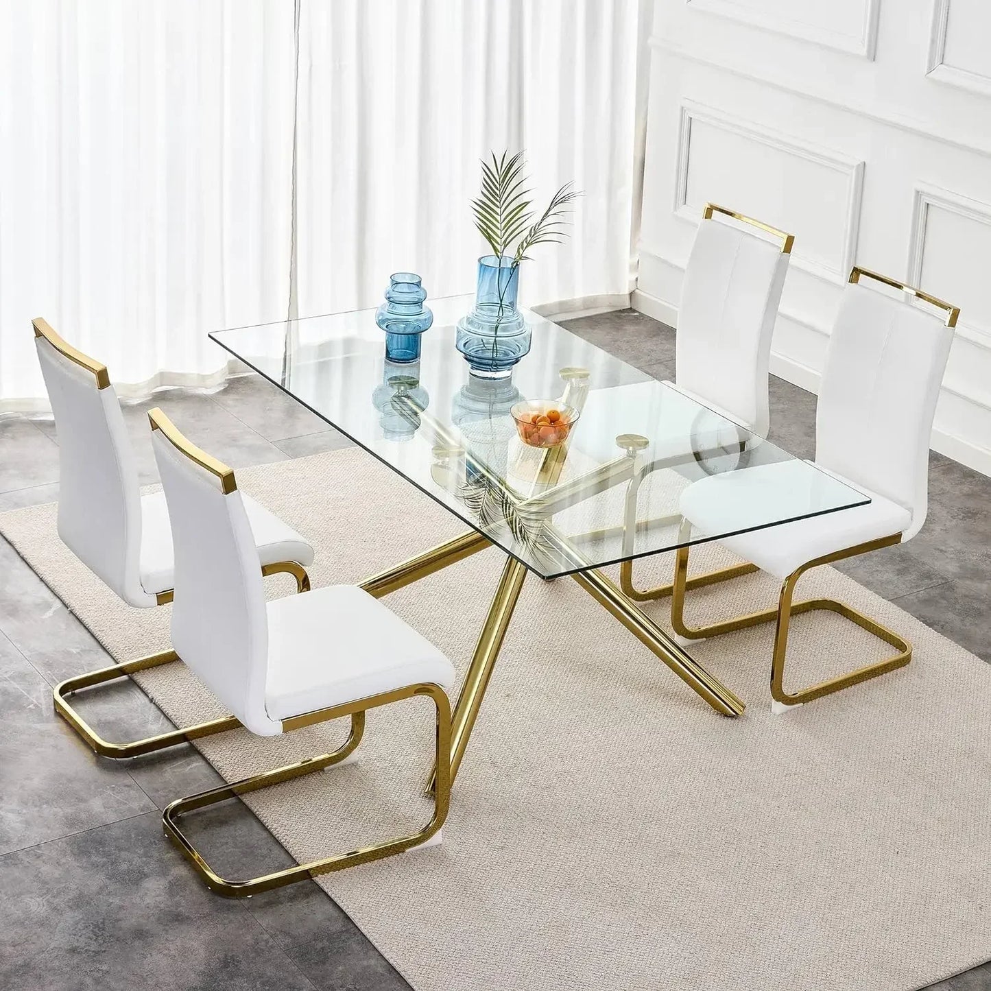 Modern Dining Chairs Set of 4, Side Dining Room Chairs with Golden Legs, Kitchen Chairs with Faux Leather Padded Seat High Back