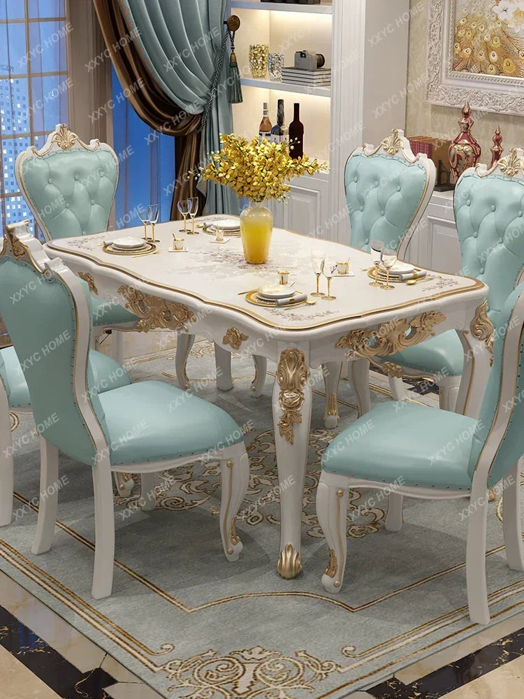 European-Style Solid Wood Dining Table Small Household White Rectangular 4 Or 6 Villa Light Luxury Table And Chair Combination