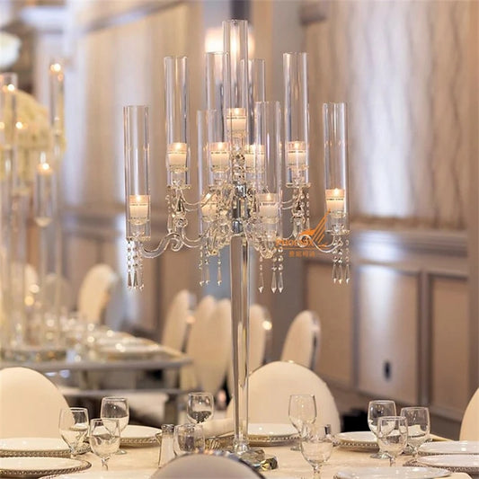 Clear Tall Candelabra for Wedding, Glass Tubes, Stand Candle Holders, Crystal Candelabra, Wedding Centerpieces, 110cm, 9 Arms