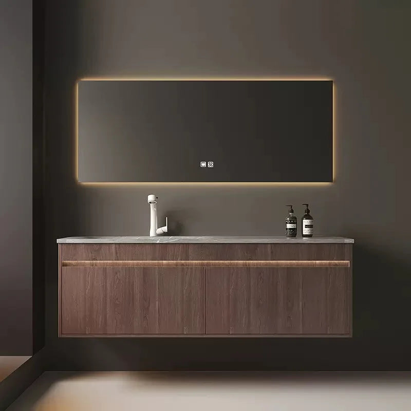 Light Luxury Bathroom Cabinets Rock Slab Integrated Washbasin Modern Solid Wood Bathroom Sink Cabinet Vanity Bathroom Furniture