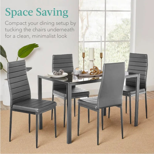 5-Piece Glass Dining Set, Modern Kitchen Table Furniture for Dining Room, Dinette, Compact Space-Saving w/Glass Tabletop,