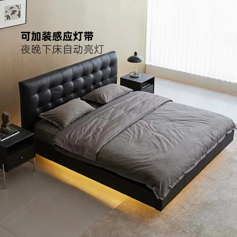 Genuine leather bed, home bedroom, master bedroom, high-end grand leather bed, modern and simple cowhide double suspended bed