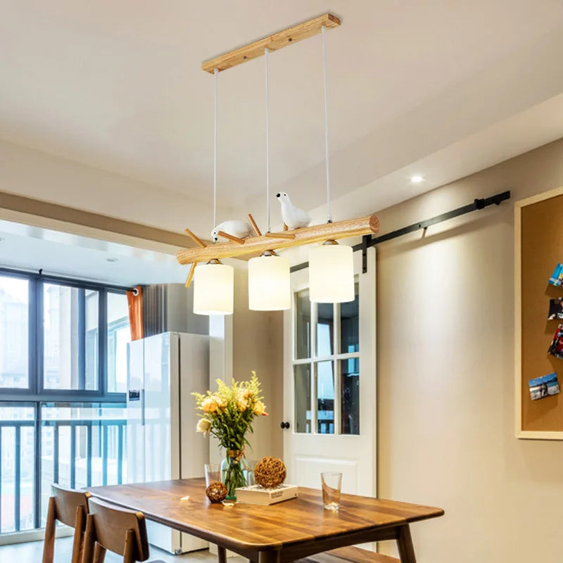 New Nordic Minimalist Solid Wood Chandelier Kitchen Dining Room Hanging Light Indoor Decorative Branche And Birds Led Chandelier