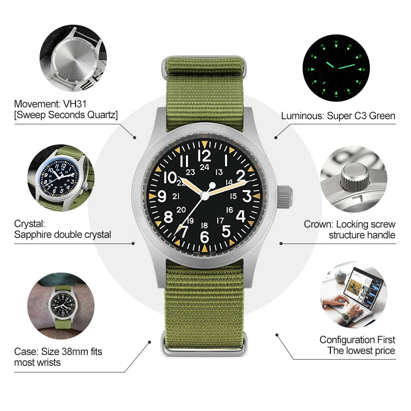 RDUNAE RA03 34.5mm Retro Military Watch 316L Stainless Steel K1 Mineral Glass Luminous Quartz Militado ML05 38mm Homage Watch