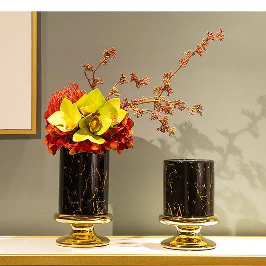 Light Luxury Black Golden Texture Vase Ceramic Crafts Living Room Table Decoration Flower Art Vase Modern Home Decorations