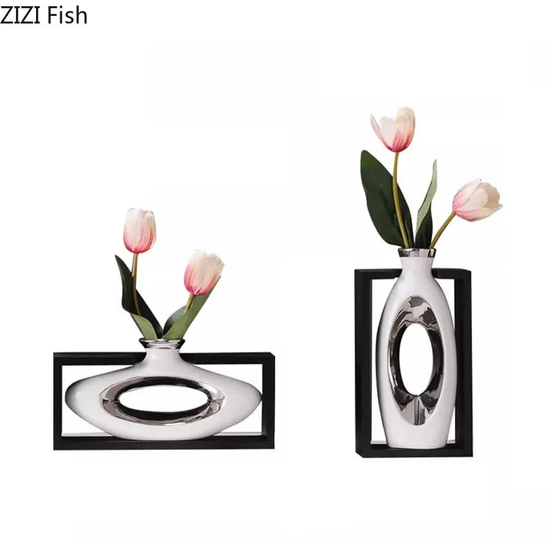 Minimalism Square Framed Ceramic Vase Hollowed Out Vases Desk Decoration Artificial Flowers Decorative Flower Arrangement