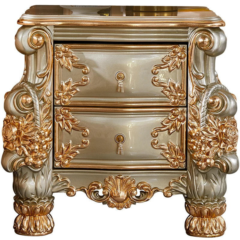 European style bedside table American luxury bedroom gold and silver solid wood carved bedside table