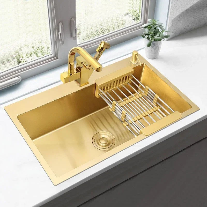 Gold Kitchen Sink Above Counter or Undermount 304 Stainless Steel Single Bowl Goldn Basket Drainer Soap Dispenser Washing Basin