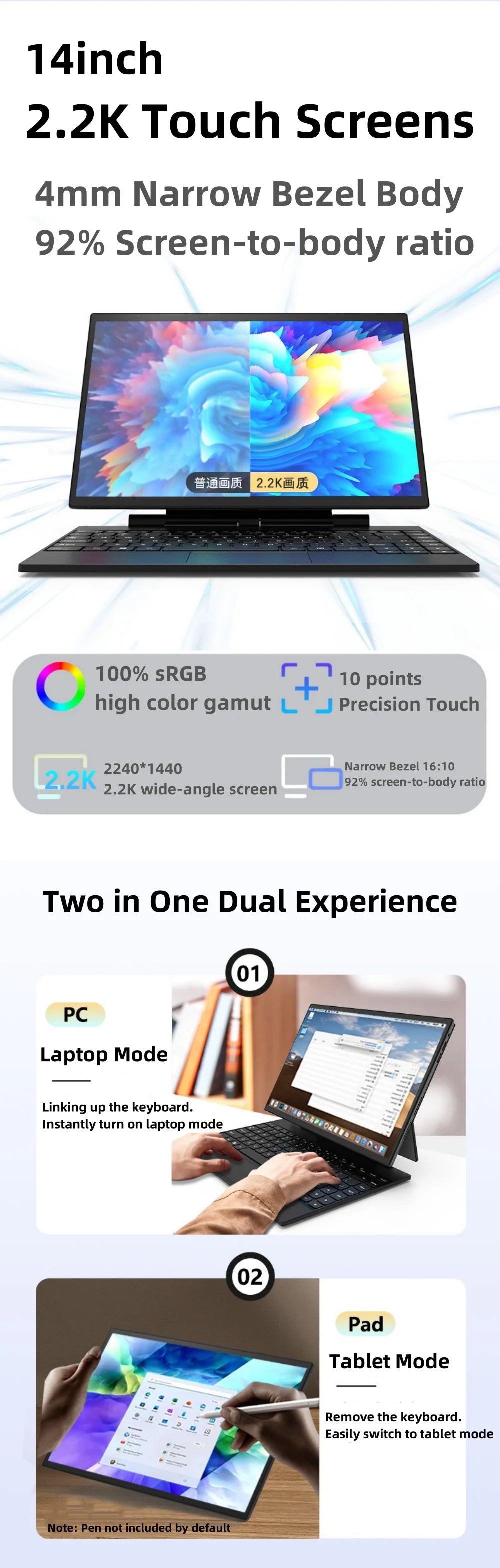 Intel® Processor N95 PC+PAD 14" IPS Touch Screen Windows 11 Ram 16GB Rom 128G-2TB SSD Computer Wifi BT Gaming Laptop