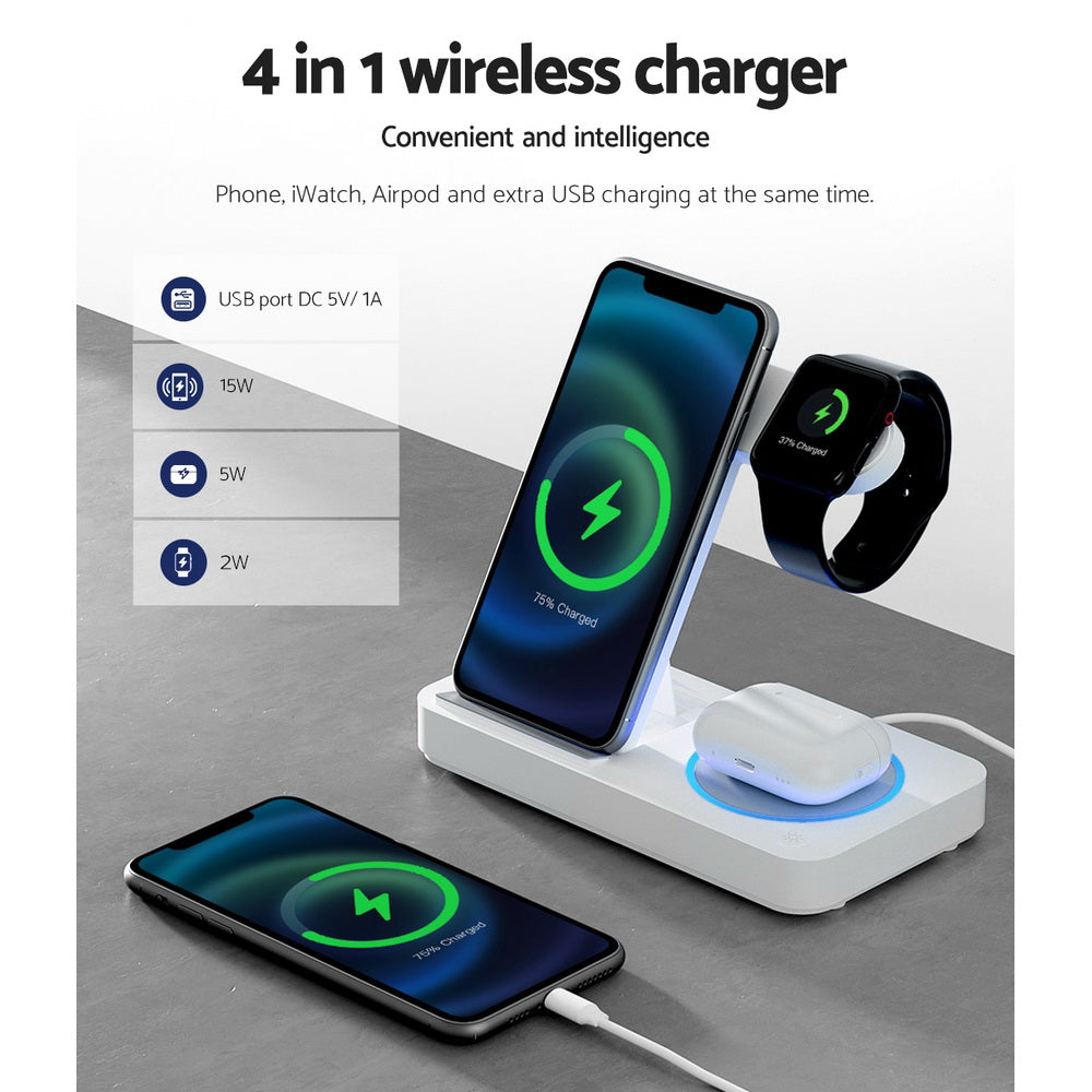 Devanti 4-in-1 Wireless Charger Dock Fast Charging for Phone White-4