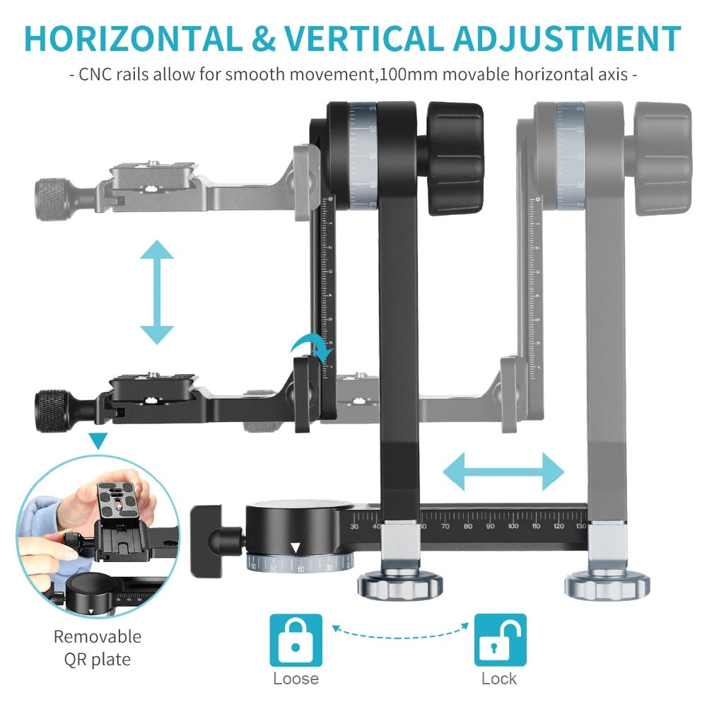 Professional Metal Gimbal Tripod Head 360° Panoramic Head with 100mm Movable Horizontal Axis,Arca-Swiss Standard QR Plate-4